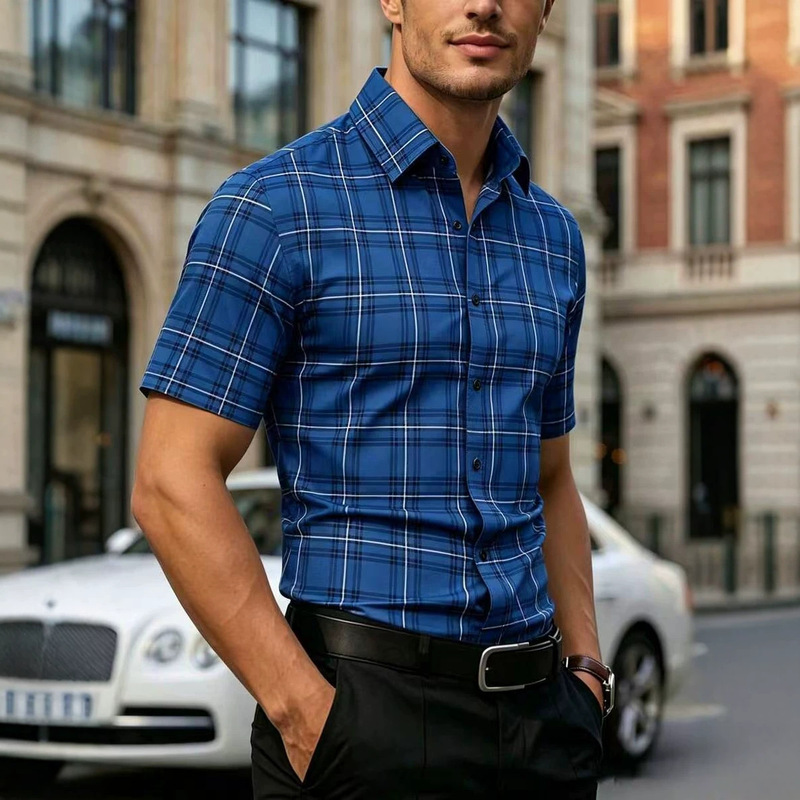 Cross-border American-style dark plaid short-sleeve shirt for men, summer micro-elastic slim-fit non-iron shirt, Amazon-sourced men's shirt Cross-border American-style dark plaid short-sleeve shirt for men, summer micro-elastic slim-fit non-iron shirt, Amazon-sourced men's shirt