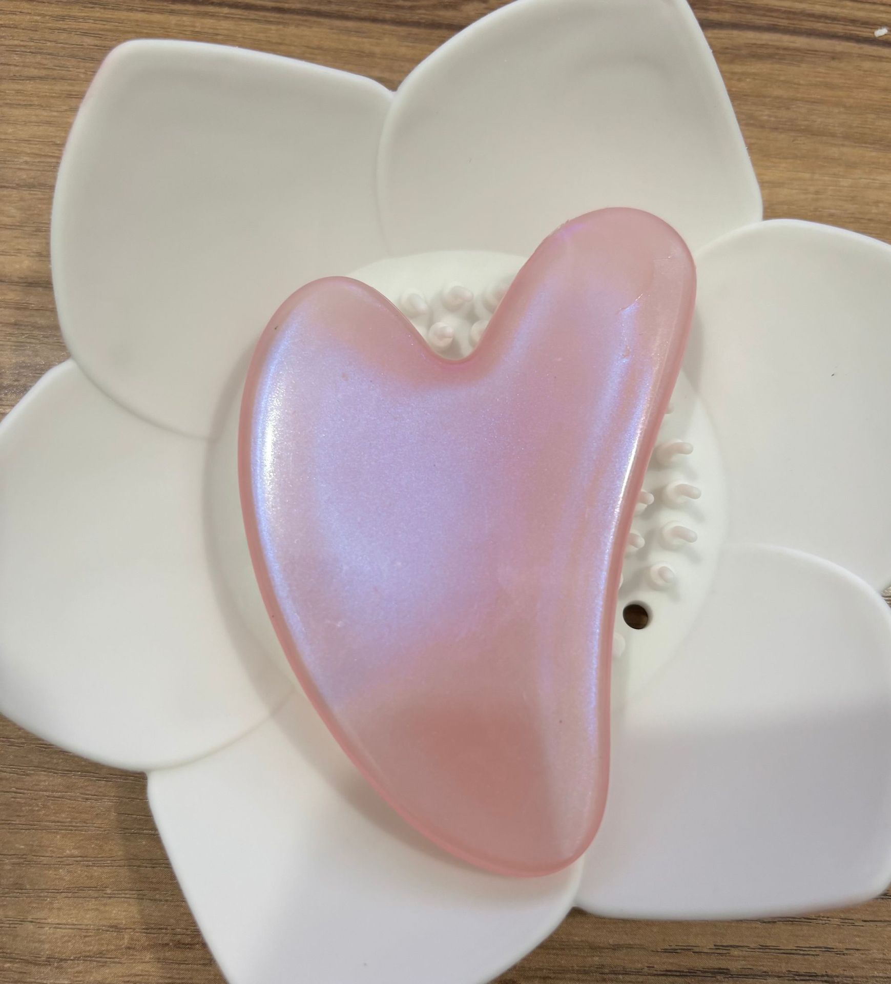 masajeador de rodillos de cristal de polvo en forma de corazón, masajeador de rodillos de doble cabeza, placa de belleza facial de cristal rosa