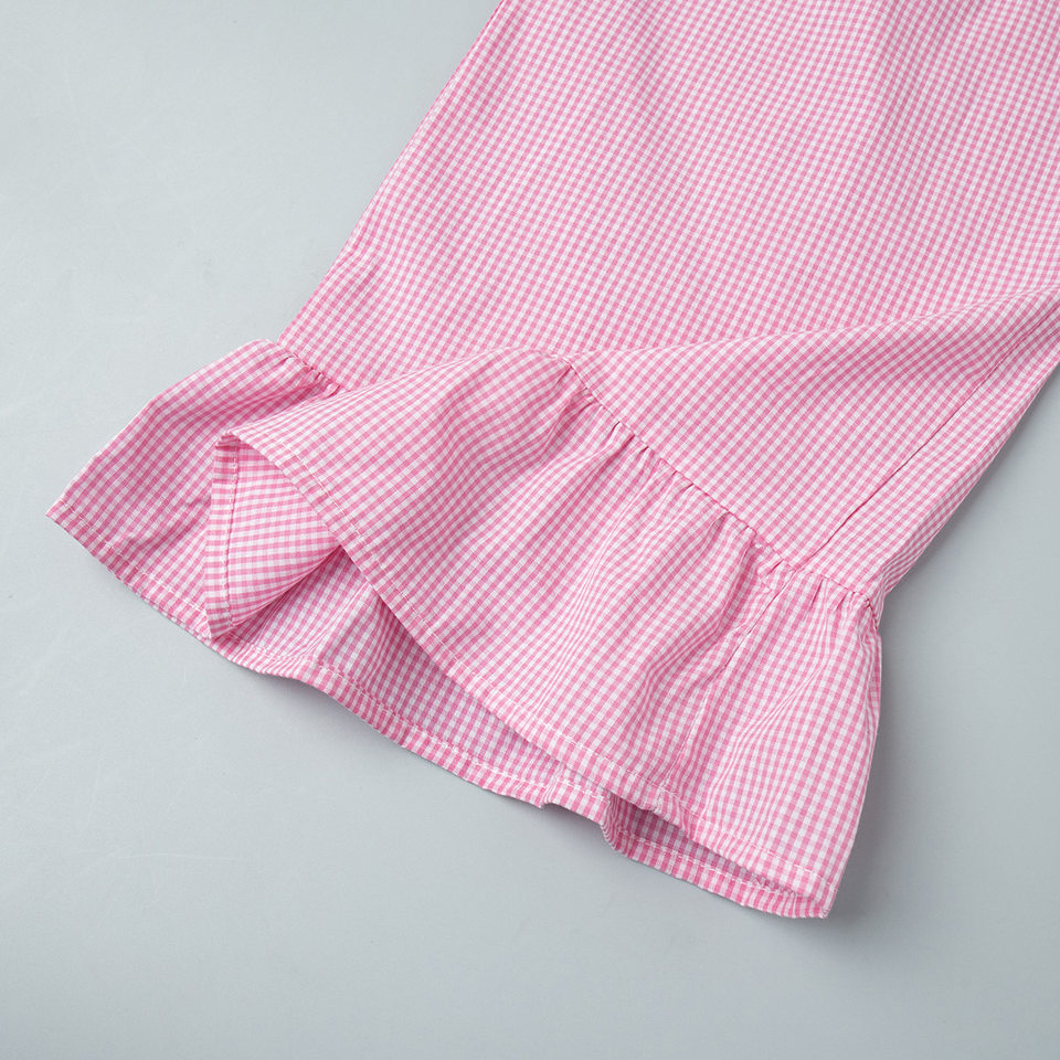 Bộ đôi áo sơ mi tay dài bèo nhún và quần dài kẻ caro cotton — hồng chi tiết 16