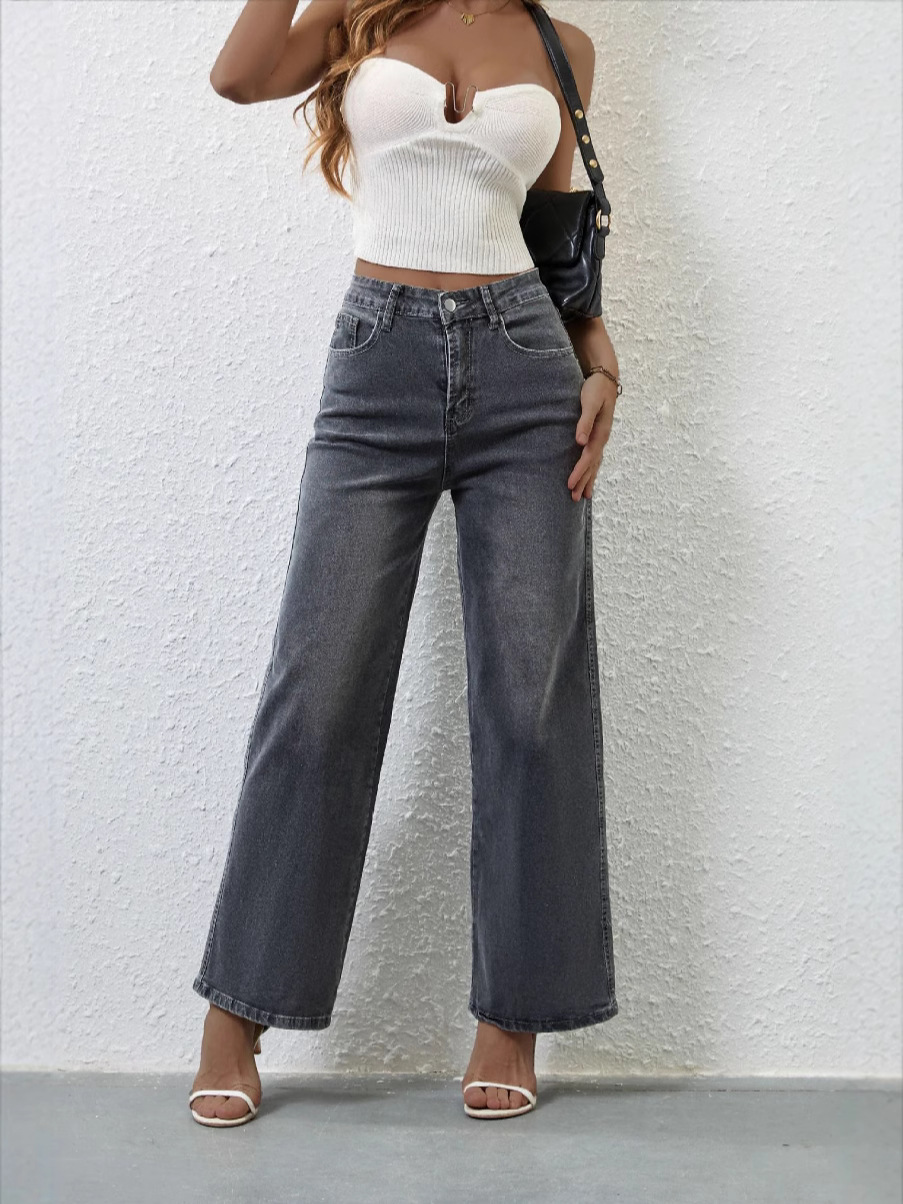 2025 Cross-Border European And American Fashion Casual Stretch Women's Quality Straight High-Waisted Wide-Leg_ecoleips.com