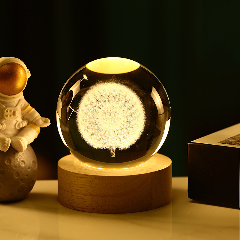 Bola de cristal 3D de la Vía Láctea — grabado interno luminoso con base de madera, luz nocturna decorativa creativa