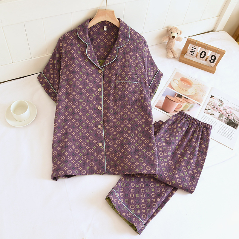 New Double-layer Cotton Gauze Pajamas Women's Summer Short-sleeved Outwear Two-piece Set Yarn-dyed Jacquard Casual