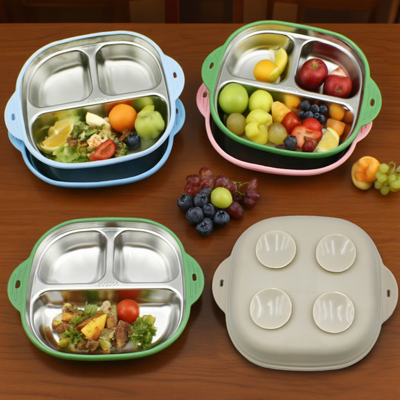 아마존 스테인레스 스틸 어린이 식사 접시 흡입 컵 포함 엄마와 아기 식기 이동식 흡입 컵 그릇 아기 304 칸막이 접시