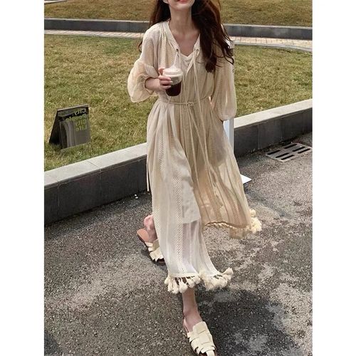 Yunnan Lijiang Tourist Women's Island Vacation Outfit Summer Sun Protection Long Sleeve Tassel Dress with Cardigan Outerwear