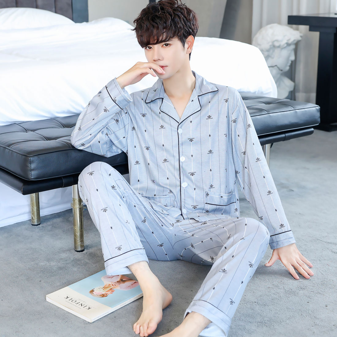 Pijamas de hombre Pijamas de primavera y otoño pantalones de algodón de manga larga de los hombres cardigan verde de mediana edad ropa de hogar traje de invierno para los ancianos