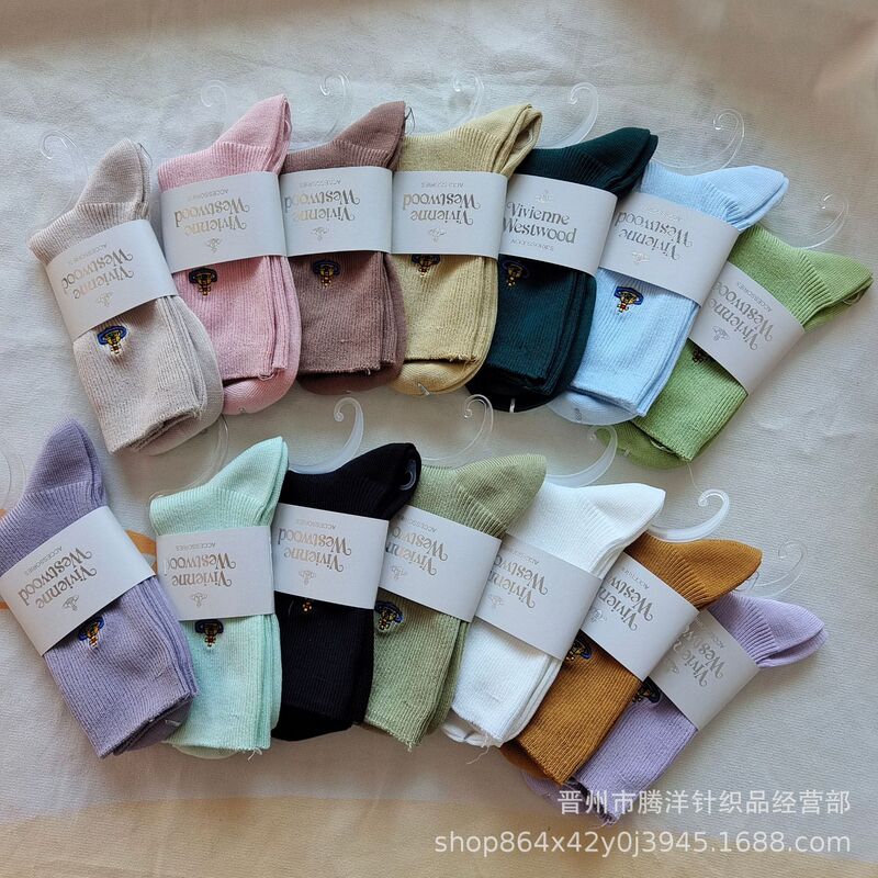 New Japanese Empress Dowager Socks Double Needle Comfortable Breathable Women's Socks Saturn Embroidered Candy Color Cotton Socks