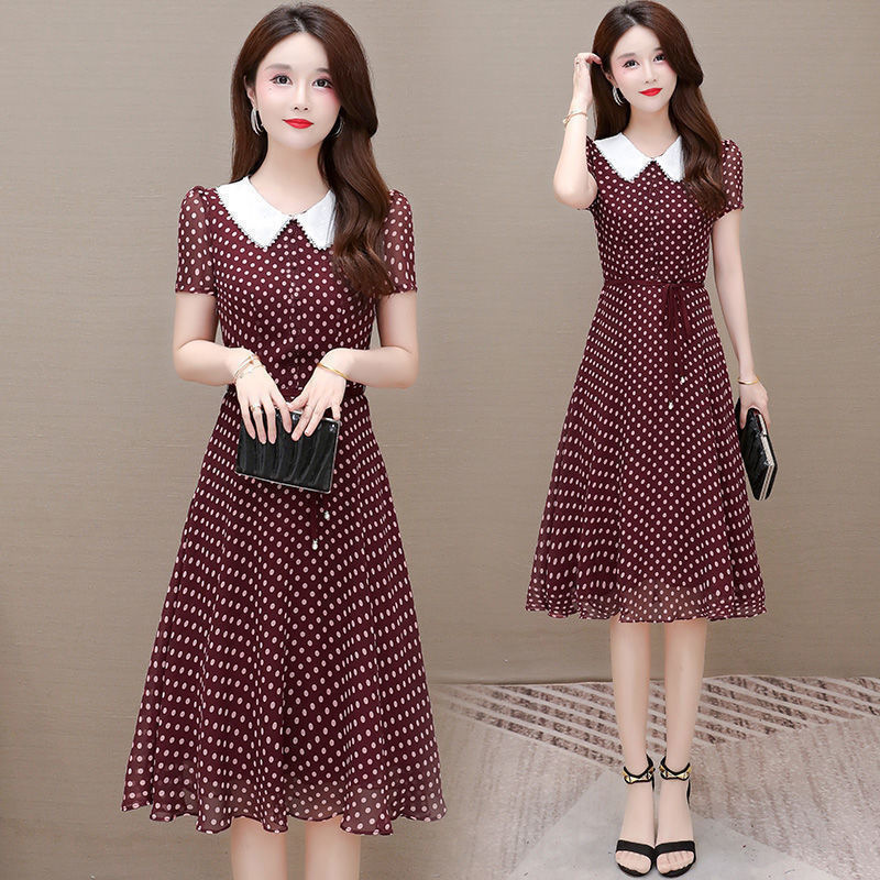 Summer New Temperament Chiffon Dress Doll Collar Waist Lace-Up Mid-Length Skirt Age-Reducing Belly-Covering Plus Size Dress