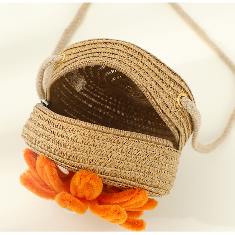 67g Weight Weave Fashion Element Zipper Closure Type Single Shoulder Strap Strap Type Straw Bag Bags Type Casual, Holiday Occasion Straw Material Flower Pattern Spring&Summer Season Kid'S Gender Cute Style Round, Bucket Shape Kid'S Straw Flower Cute Weave Round Bucket Zipper Straw Bag 12