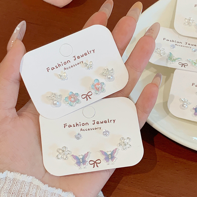 summer sweet mint mambo butterfly earrings suit women‘s silver needle fresh flower special interest light luxury all-match earrings