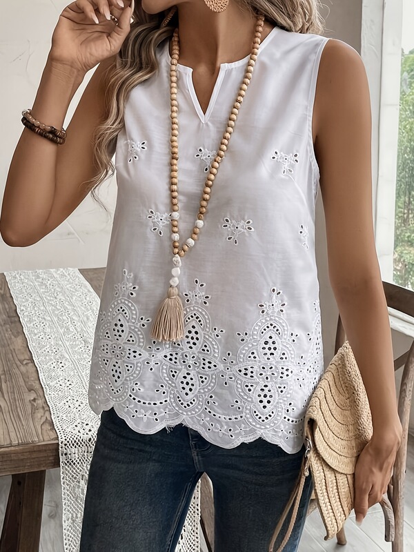 Women's Elegant Hollow Out Embroidery V-Neck Sleeveless Top with Scalloped Lace Trim - Semi-Transparent Casual Fashion Spring