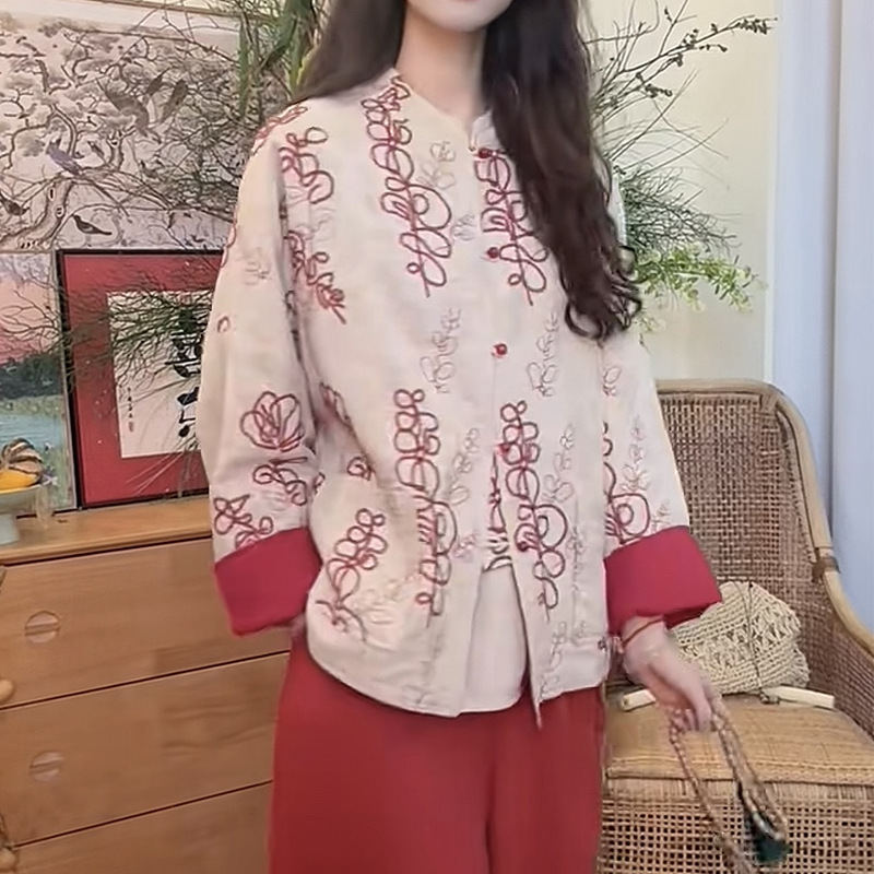 新中式红色印花衬衫外套女2025秋季新款独特超好看唐装盘扣上衣潮|undefined