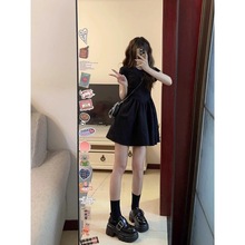夏季新款少女小个子短袖连衣裙子女收腰显瘦法式赫本风小黑裙短裙