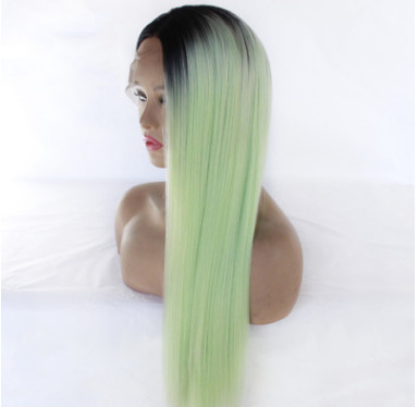 El comercio exterior antes de la peluca de encaje de moda europea y americana gradiente blanco mezcla verde largo recto fibra química tejido medio mano LW0156