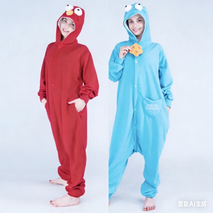 Polar Fleece Cartoon One-Piece Pajamas Blue and Red Sesame Street Home Clothes Couple Style Men's and Women's Animal Suits Autumn and Winter