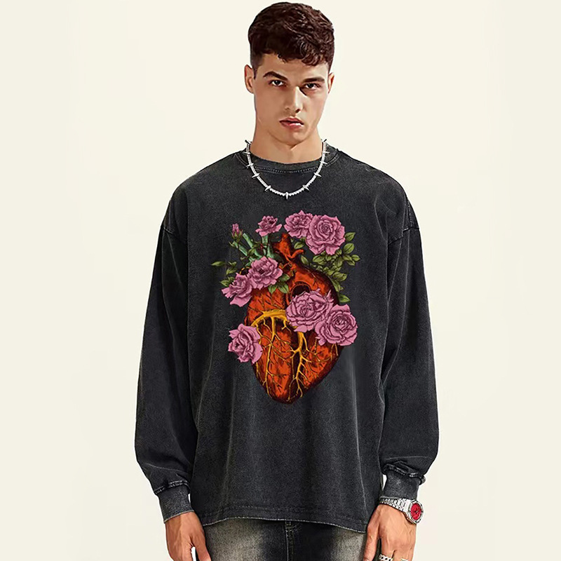 Camiseta de manga larga impresa de marca de alta calle oscura, camiseta para hombres, camiseta de base de pareja suelta de tamaño grande