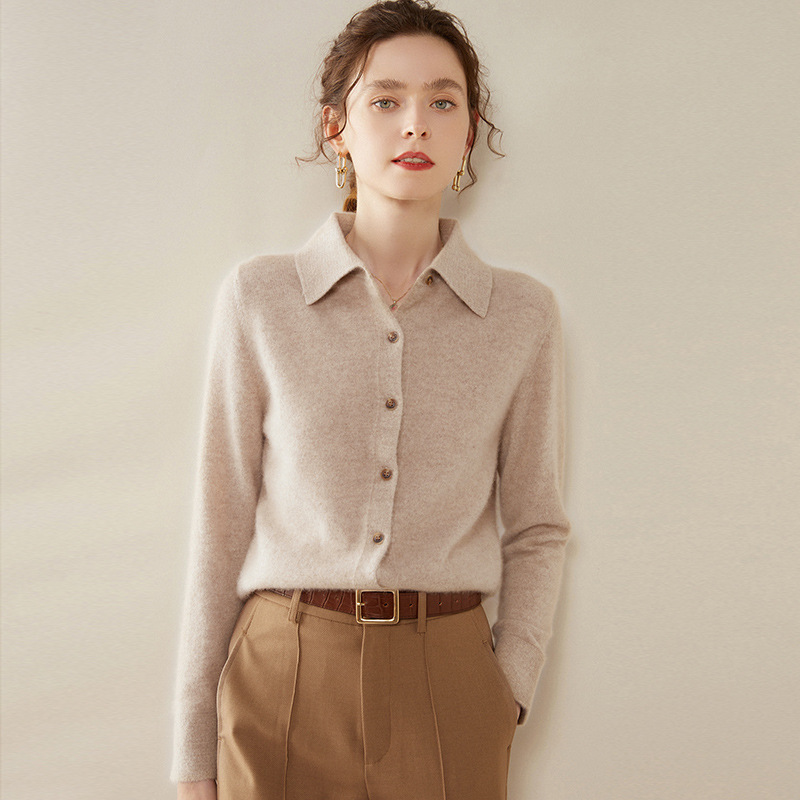 Polo Collar Knitted Cashmere Shirt for Women, Slim Fit Cashmere Cardigan, New Autumn and Winter 26 Style, Elegant Base Shirt for Ladies Polo Collar Knitted Cashmere Shirt for Women, Slim Fit Cashmere Cardigan, New Autumn and Winter 26 Style, Elegant Base Shirt for Ladies
