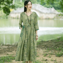 复古小碎花棉麻连衣裙女2025年夏装新款宽松显瘦抽绳收腰度假长裙