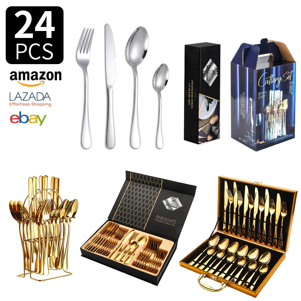 Fuente transfronteriza Amazon 1010 cubiertos de acero inoxidable cuchillo de comida occidental tenedor cuchara 24 piezas caja de regalo cuchara hotel