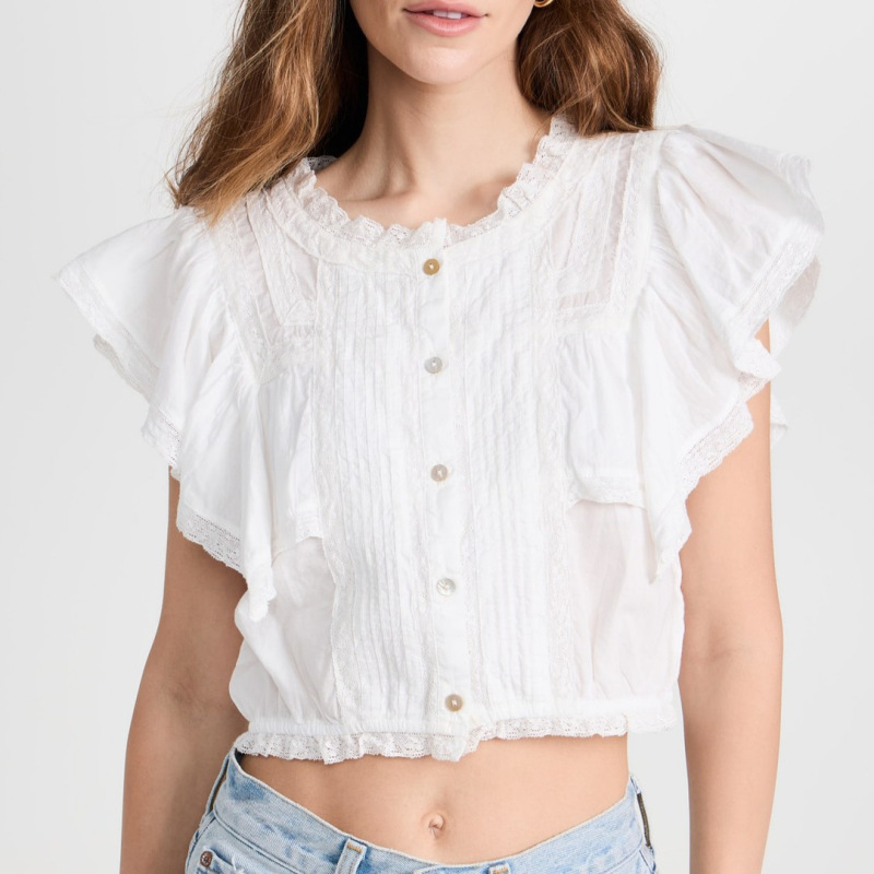 French Retro Short Shirt with Lace Trim and Flying Sleeves, Women's Short-Sleeved Shirt, Summer Foreign Trade Women's New Style Top