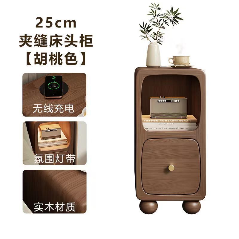 Moderno y simple todo el lado de la esquina de madera sólida varios gabinetes estrechos de la pequeña meseta de cabecera del dormitorio con lámpara gabinete de almacenamiento 25CM