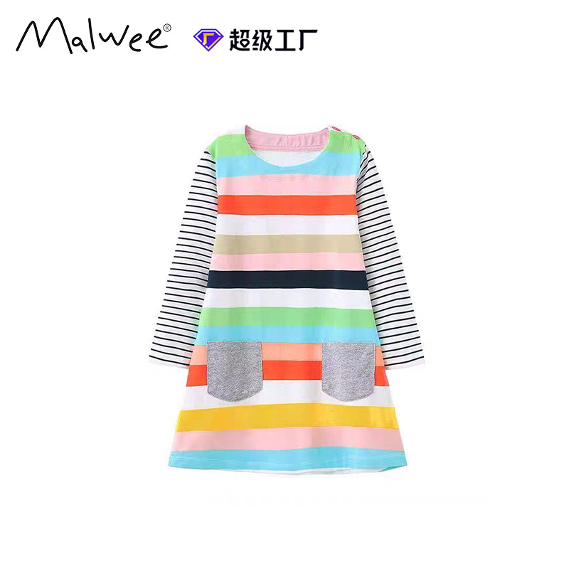 Vestido de niña otoño y invierno nuevo estilo europeo y americano rayas de manga larga vestido de princesa de cuello redondo casual ropa infantil