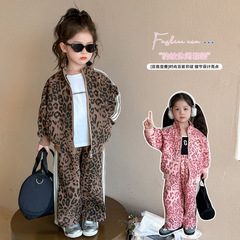 女の子スーツ春服 2025 新しいファッショナブルな女の子ファッショナブルなスポーツウェア春と秋の子供のヒョウ柄ジャケット