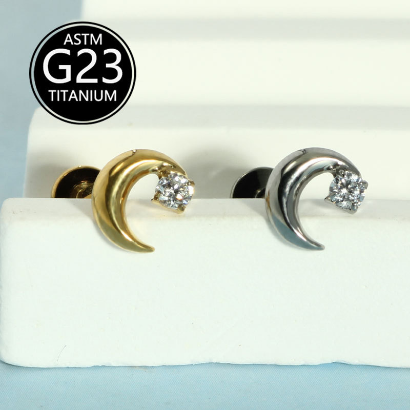 F136 Titanium Inlaid Single Zircon Moon Lip Labret Stud Internally Threaded Ear Bone Nail G23 Titanium Alloy detail image 8
