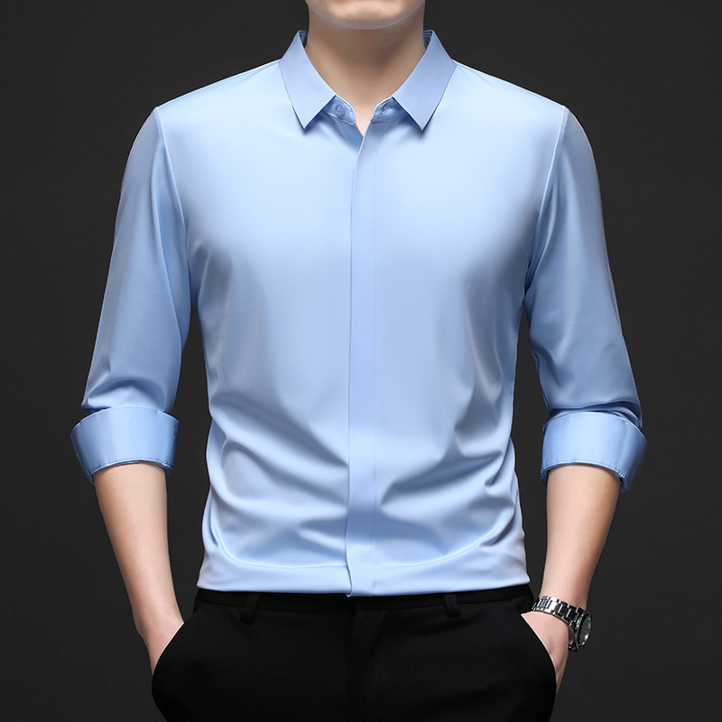 2025 Live Broadcast Popular Men's Long-Sleeve Shirt with Hidden Buttons, Business Casual Solid Color, Wrinkle-Resistant, Stretchy Shirt for Spring and Autumn