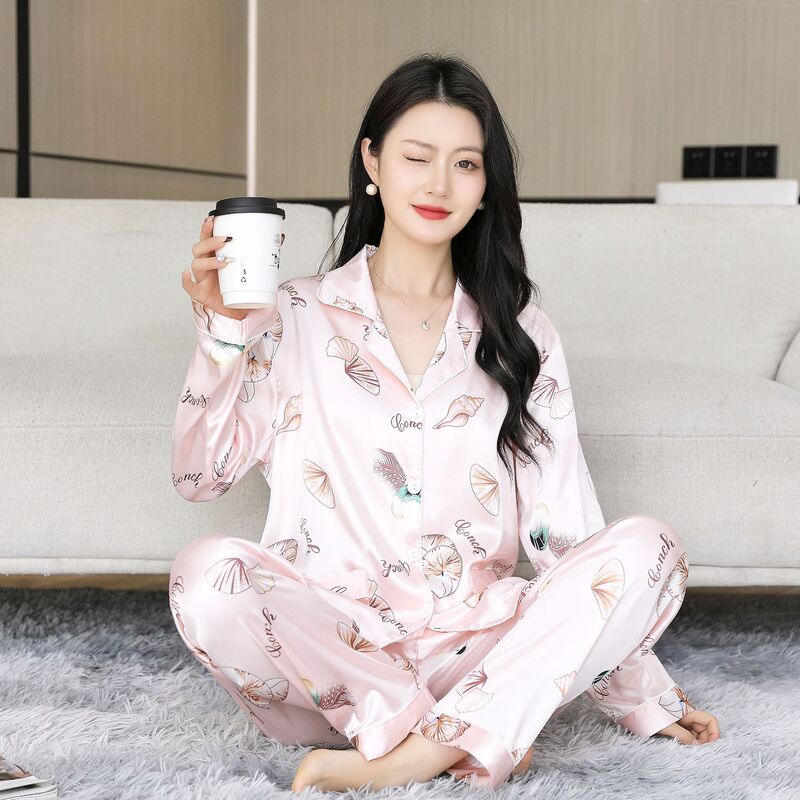 Summer Thin Ice Silk Pajamas Women's Spring Silk Long-sleeved Pants Two-piece Outfit Home Clothes Women's High-end Sense