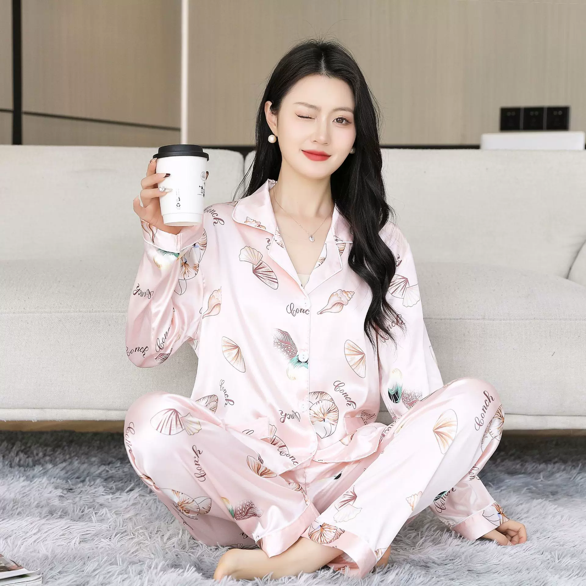 夏季薄款冰丝睡衣女春仿真丝长袖长裤两件套可外穿家居服女高级感