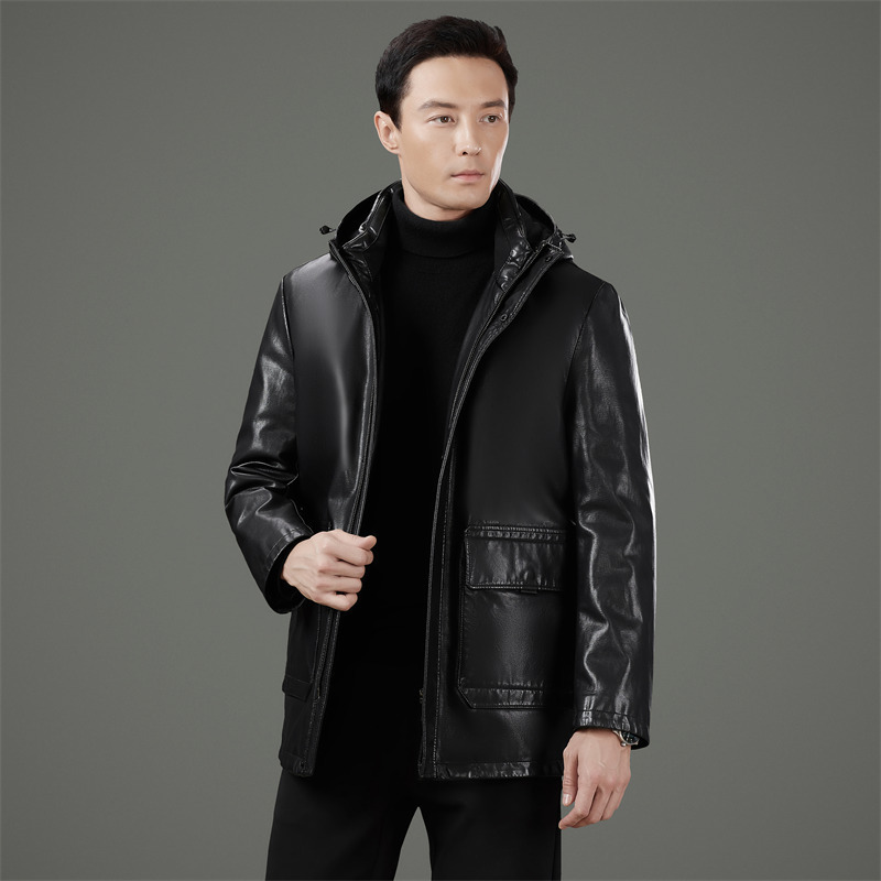 High-End Fashionable Versatile Leather Jacket for Men, Winter Warm Detachable Inner down Lining, Dad-Style Sheepskin Hooded down Coat