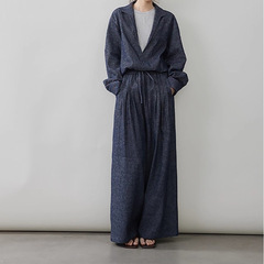 现货厂家批发 新款亚麻棉牛仔套装高ji假两件外套宽松阔腿长裤女