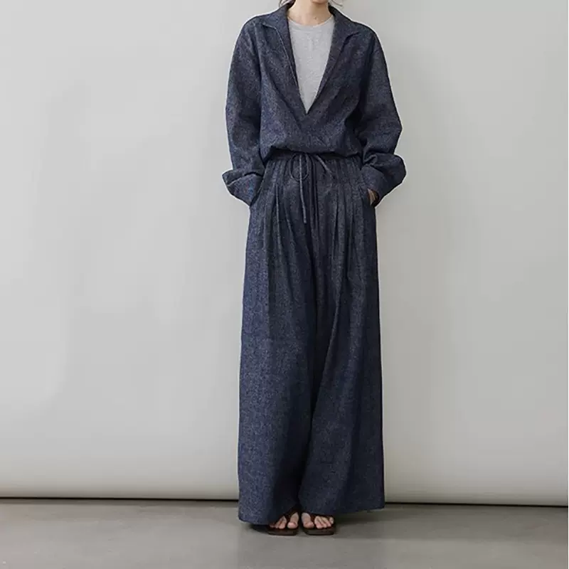 现货厂家批发 新款亚麻棉牛仔套装高ji假两件外套宽松阔腿长裤女