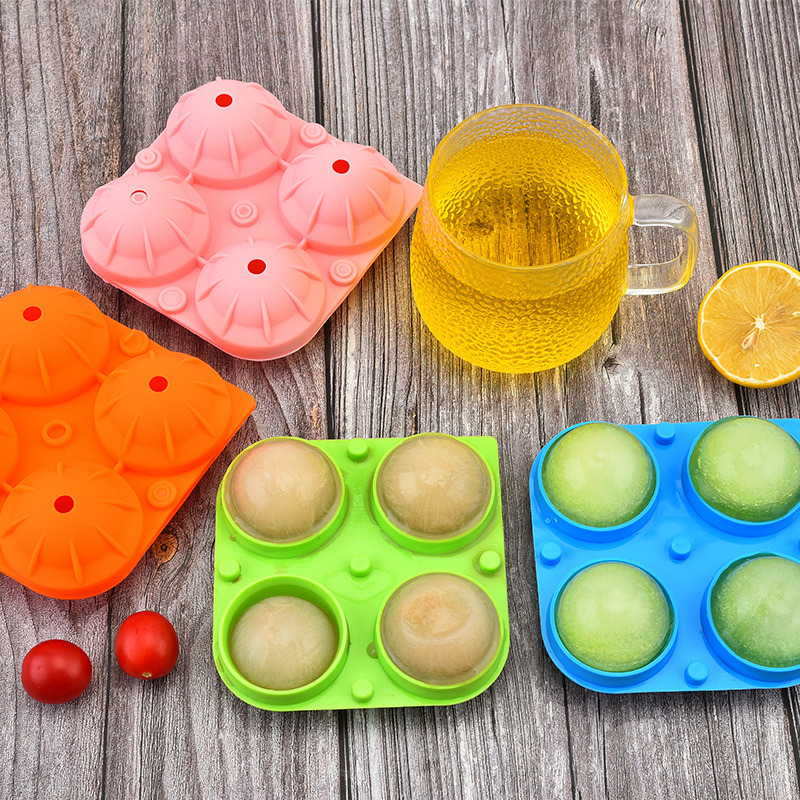 新款圆形硅胶四孔冰球模具 四连冰格DIY球形制冰器酒吧调酒用|ms