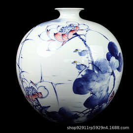 景德镇陶瓷花瓶摆件手绘青花瓷花瓶玄关装饰品瓷器山水莲雅图花瓶