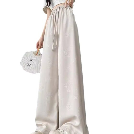 Guofeng Ice Silk Small Wide Leg Pants Women's Spring and Summer New High Waist Dosing New Chinese Casual Straight Yamamoto Trendy Pants