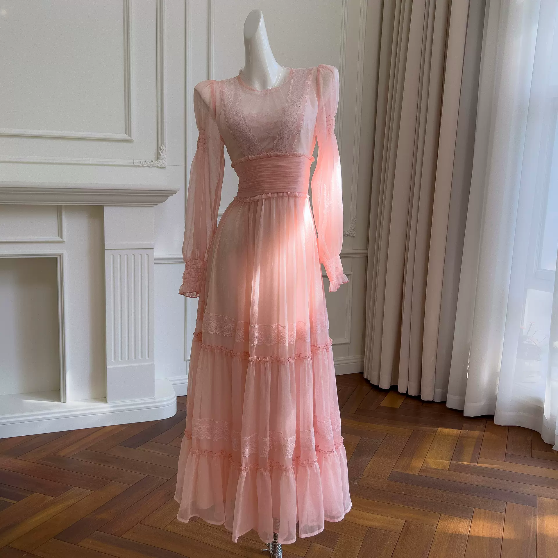 【订货款】法式名媛风蛋糕裙透视长袖网纱荷叶边礼服连衣裙69077