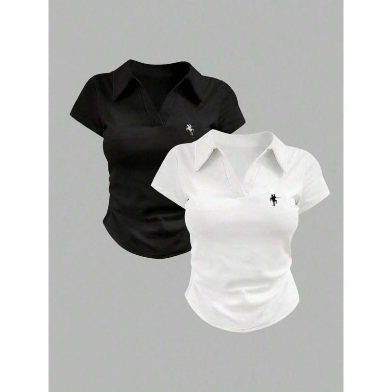 速卖通秋季外贸新款 T-Shirts 女款休闲时尚骑士印花翻领短袖T恤|undefined