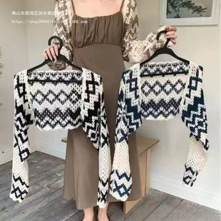 Coat short long sleeve women's knitted sunscreen shawl vintage cardigan hollow rhombus plaid fashion all-match outer wear