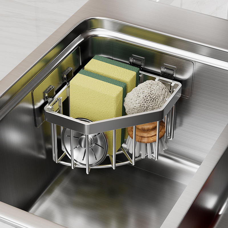 Fregadero de cocina de acero inoxidable esquina cesta de almacenamiento de esponja baño estante de almacenamiento sin clavos estante de drenaje sin punzonado triángulo