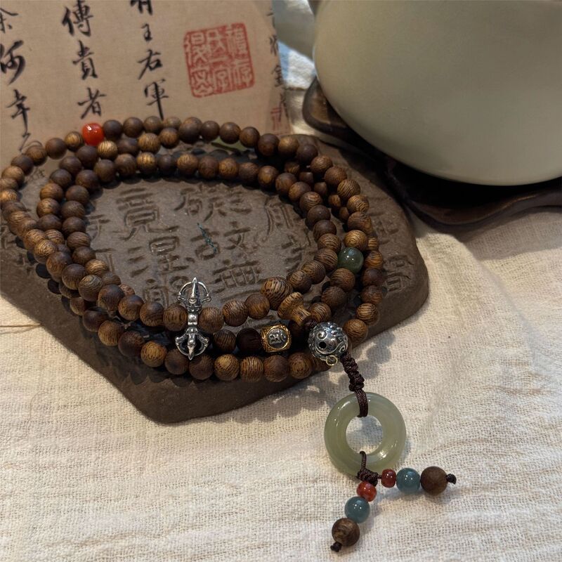 幂幂同款925银奇楠沉香圆珠和田玉竹节弹力四圈手串女新中式国风|undefined
