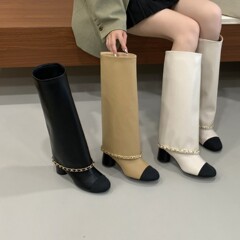 小香风圆头拼色骑士靴2025年秋季新款气质粗跟高筒裤管靴女