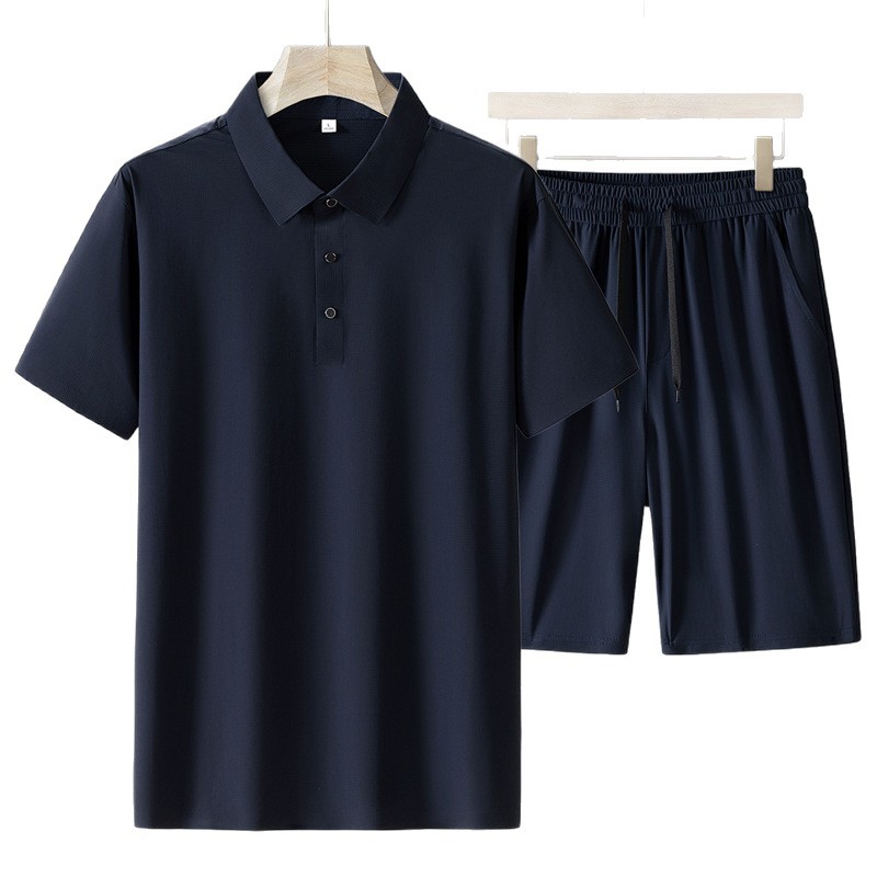 Papa set de pantalones cortos de verano de hielo de alta calidad elástico delgado de manga corta de mediana edad deportiva polo casual dos piezas set