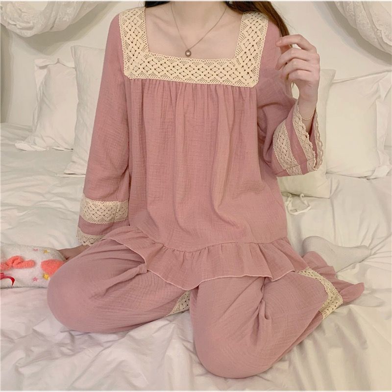 Al por mayor transfronterizo primavera y otoño estilo de cuello cuadrado pijama de encaje mujer manga larga set princesa dulce set de ropa para el hogar