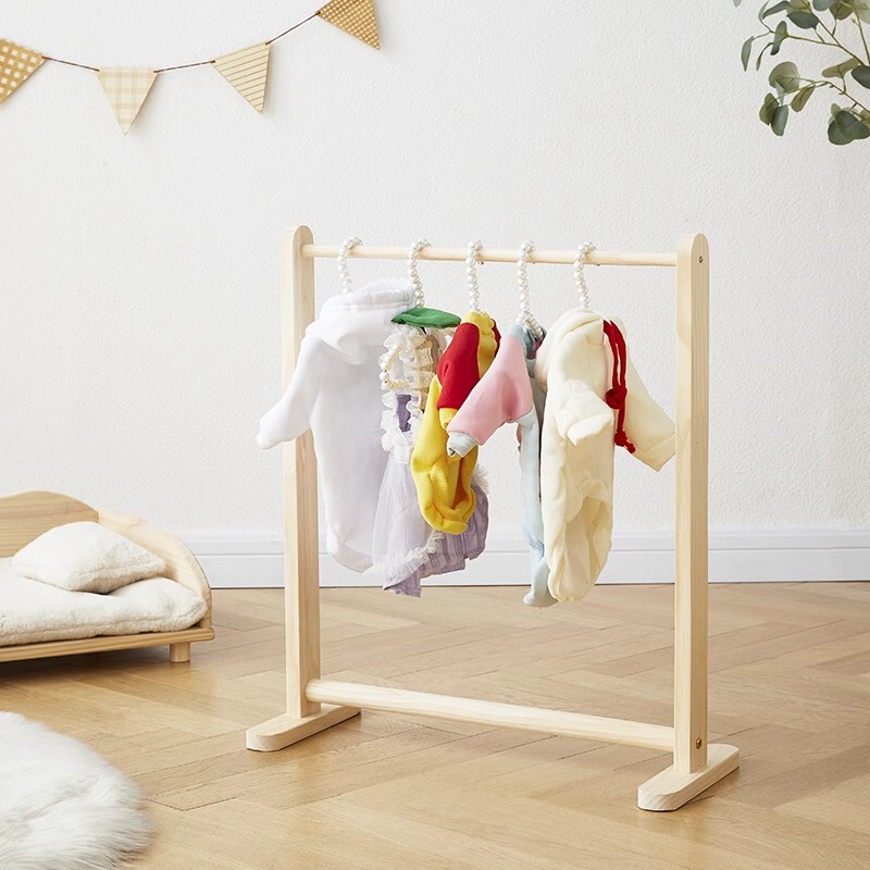 Pet Clothes Hanger Kidsren's Floor-Standing Small Clothes Hanger Pet Cat Solid Wood Small Boys and Girls Kindergarten Clothes Storage Rack