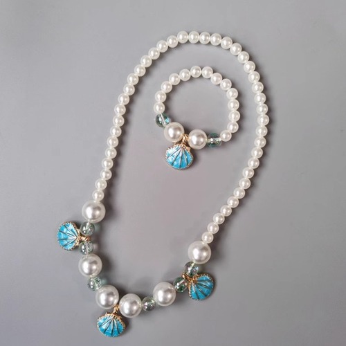 Children's fish tail necklace and bracelet set, pearl necklace, cartoon pearl shell
