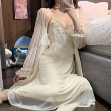 法式甜美公主风网纱睡衣女性感蕾丝V领吊带睡裙长款家居服套装潮