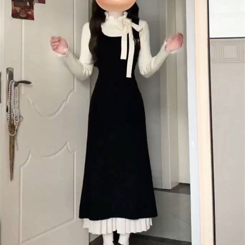 气质感法式连衣裙女秋冬赫本温柔小香风假两件针织收腰包臀裙|undefined