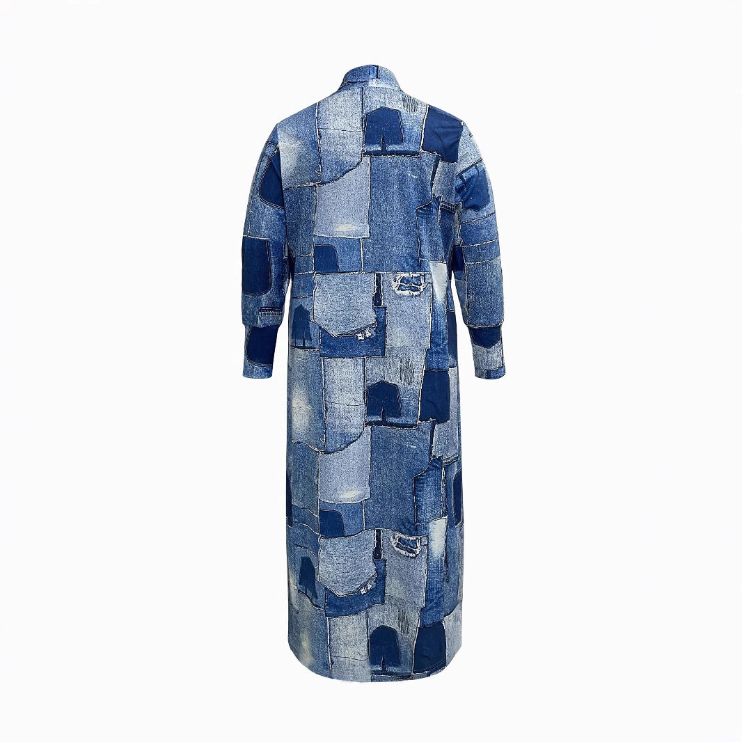Giacca a vento lunga da donna con stampa denim - Giacca blu versatile senza collo con chiusura a zip integrale_voghion.com