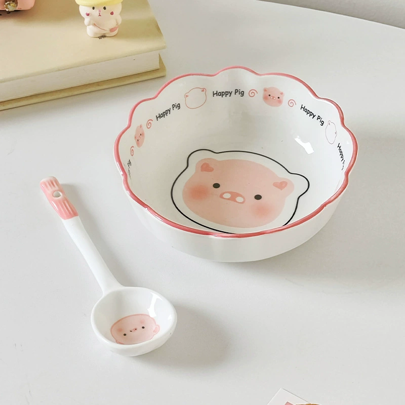 Ceramic tableware set, cute pig design, bowls and spoons, multiple set configurations